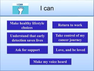 I can
Make healthy lifestyle
choices
Understand that early
detection saves lives
Ask for support
Return to work
Take control of my
cancer journey
Love, and be loved
Make my voice heard
 