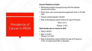 Prevalenceof
CancerInINDIA
Cancer Statistics in India
▪ Estimated number of people living with the disease:
around 2.25 million
▪ Every year, new cancer patients registered: Over 11,57,294
lakh
▪ Cancer-related deaths: 7,84,821
▪ Risk of developing cancer before the age of 75 years
Male: 9.81%
Female: 9.42%
Total deaths due to cancer in 2018
▪ Total: 7,84,821
▪ Men: 4,13,519
Women: 3,71,302
▪ Risk of dying from cancer before the age of 75 years is
7.34% in males and 6.28% in females.