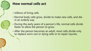 › trillions of living cells
› Normal body cells grow, divide to make new cells, and die
in an orderly way
› During the early years of a person’s life, normal cells divide
faster to allow the person to grow.
› After the person becomes an adult, most cells divide only
to replace worn-out or dying cells or to repair injuries.
How normal cells act
 