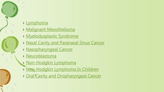 › Lymphoma
› Malignant Mesothelioma
› Myelodysplastic Syndrome
› Nasal Cavity and Paranasal Sinus Cancer
› Nasopharyngeal Cancer
› Neuroblastoma
› Non-Hodgkin Lymphoma
› Non-Hodgkin Lymphoma In Children
› Oral Cavity and Oropharyngeal Cancer
 