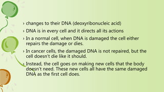 › changes to their DNA (deoxyribonucleic acid)
› DNA is in every cell and it directs all its actions
› In a normal cell, when DNA is damaged the cell either
repairs the damage or dies.
› In cancer cells, the damaged DNA is not repaired, but the
cell doesn’t die like it should.
› Instead, the cell goes on making new cells that the body
doesn’t need. These new cells all have the same damaged
DNA as the first cell does.
 