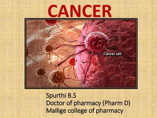 Spurthi B.S
Doctor of pharmacy (Pharm D)
Mallige college of pharmacy
CANCER
 
