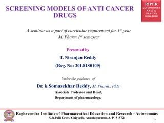RIPER
AUTONOMOUS
NAAC &
NBA (UG)
SIRO- DSIR
Raghavendra Institute of Pharmaceutical Education and Research - Autonomous
K.R.Palli Cross, Chiyyedu, Anantapuramu, A. P- 515721 1
Presented by
T. Niranjan Reddy
(Reg. No: 20L81S0109)
Under the guidance of
Dr. k.Somasekhar Reddy, M. Pharm., PhD
Associate Professor and Head,
Department of pharmacology.
SCREENING MODELS OF ANTI CANCER
DRUGS
A seminar as a part of curricular requirement for 1st year
M. Pharm 1st semester
 