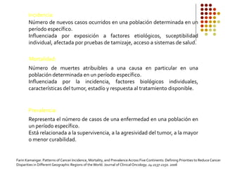 Número de nuevos casos ocurridos en una población determinada en un
período específico.
Influenciada por exposición a factores etiológicos, suceptibilidad
individual, afectada por pruebas de tamizaje, acceso a sistemas de salud.
Incidencia:
Mortalidad:
Número de muertes atribuibles a una causa en particular en una
población determinada en un período específico.
Influenciada por la incidencia, factores biológicos individuales,
características del tumor, estadío y respuesta al tratamiento disponible.
Prevalencia:
Representa el número de casos de una enfermedad en una población en
un período específico.
Está relacionada a la supervivencia, a la agresividad del tumor, a la mayor
o menor curabilidad.
Farin Kamangar. Patterns of Cancer Incidence, Mortality, and PrevalenceAcross Five Continents: Defining Priorities to Reduce Cancer
Disparities in Different Geographic Regions of theWorld. Journal of ClinicalOncology. 24:2137-2150. 2006
 