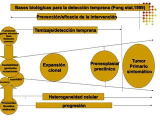 Prevención/eficacia de la intervención
esporádico
hereditario
Inestabilidad
genómica
mutaciones
Tamizaje/detección temprana
Expansión
clonal
Heterogeneidad celular
progresión
Bases biológicas para la detección temprana (Fong etal,1999)
F.ambiental
Agentes infcciosos
Dieta
Radiación
químicos
Tumor
Primario
sintomático
Preneoplasia/
preclinico
Prevención
Genética
molecular
 