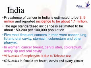 India
•Prevalence of cancer in India is estimated to be 3. 9
million and reported incidence to be about 1.1 million.
•The age standardized incidence is estimated to be
about 150-200 per 100,000 population
•Five most frequent cancers in men were cancer lung,
lip and oral cavity, stomach, colorectum and other
pharynx,
•In women, cancer breast, cervix uteri, colorectum,
ovary, lip and oral cavity.
•91% cases of oropharynx is due to Tobacco use
•60% cases in female are breast, cervix and ovary cancer
1/27/2023 10
 