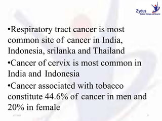 •Respiratory tract cancer is most
common site of cancer in India,
Indonesia, srilanka and Thailand
•Cancer of cervix is most common in
India and Indonesia
•Cancer associated with tobacco
constitute 44.6% of cancer in men and
20% in female
1/27/2023 17
 