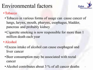 Environmental factors
•Tobacco
•Tobacco in various forms of usage can cause cancer of
lungs, larynx, mouth, pharynx, esophagus, bladder,
pancreas and probably kidney
•Cigarette smoking is now responsible for more than 1
million death each year
•Alcohol
•Excess intake of alcohol can cause esophageal and
liver cancer
•Beer consumption may be associated with rectal
cancer
•Alcohol contributes about 3 % of all cancer deaths
1/27/2023 19
 