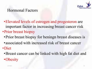 Hormonal Factors
•Elevated levels of estrogen and progesteron are
important factor in increasing breast cancer risk
•Prior breast biopsy
•Prior breast biopsy for beningn breast diseases is
•associated with increased risk of breast cancer
•Diet
•Breast cancer can be linked with high fat diet and
•Obesity
1/27/2023 41
 