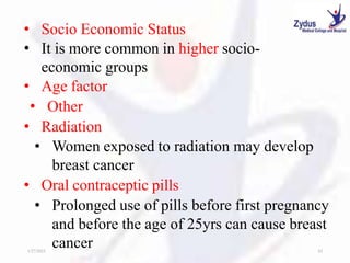 • Socio Economic Status
• It is more common in higher socio-
economic groups
• Age factor
• Other
• Radiation
• Women exposed to radiation may develop
breast cancer
• Oral contraceptic pills
• Prolonged use of pills before first pregnancy
and before the age of 25yrs can cause breast
cancer
1/27/2023 42
 