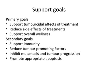 Support goals
Primary goals
• Support tumourcidal effects of treatment
• Reduce side effects of treatments
• Support overall wellness
Secondary goals
• Support immunity
• Reduce tumour promoting factors
• Inhibit metastasis and tumour progression
• Promote appropriate apoptosis
 