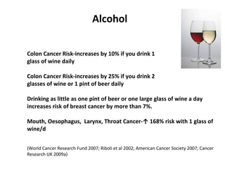 Colon Cancer Risk-increases by 10% if you drink 1
glass of wine daily
Colon Cancer Risk-increases by 25% if you drink 2
glasses of wine or 1 pint of beer daily
Drinking as little as one pint of beer or one large glass of wine a day
increases risk of breast cancer by more than 7%.
Mouth, Oesophagus, Larynx, Throat Cancer-↑ 168% risk with 1 glass of
wine/d
(World Cancer Research Fund 2007; Riboli et al 2002; American Cancer Society 2007; Cancer
Research UK 2009a)
Alcohol
 