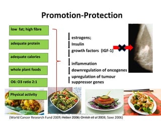 © CNM; by Gosia Desmond MA, MBS, BSc
Nut Med Jo Gamble BA (hons) Dip CNM
Promotion-Protection
estrogens;
Insulin
growth factors (IGF-1)
inflammation
downregulation of oncogenes
upregulation of tumour
suppressor genes
(World Cancer Research Fund 2007; Heber 2006; Ornish et al 2008; Saxe 2006)
low fat; high fibre
adequate protein
adequate calories
whole plant foods
O6: O3 ratio 2:1
Physical activity
 
