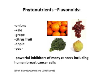 -onions
-kale
-grape
-citrus fruit
-apple
-pear
-powerful inhibitors of many cancers including
human breast cancer cells
(So et al 1996; Guthrie and Carroll 1998)
Phytonutrients –Flavonoids:
 