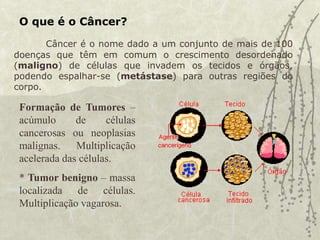 O que é o Câncer?
Câncer é o nome dado a um conjunto de mais de 100
doenças que têm em comum o crescimento desordenado
(maligno) de células que invadem os tecidos e órgãos,
podendo espalhar-se (metástase) para outras regiões do
corpo.
Formação de Tumores –
acúmulo de células
cancerosas ou neoplasias
malignas. Multiplicação
acelerada das células.
* Tumor benigno – massa
localizada de células.
Multiplicação vagarosa.
 