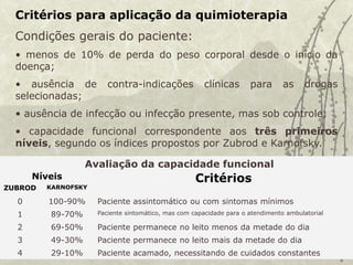 Critérios para aplicação da quimioterapia
Condições gerais do paciente:
• menos de 10% de perda do peso corporal desde o início da
doença;
• ausência de contra-indicações clínicas para as drogas
selecionadas;
• ausência de infecção ou infecção presente, mas sob controle;
• capacidade funcional correspondente aos três primeiros
níveis, segundo os índices propostos por Zubrod e Karnofsky.
Níveis Critérios
ZUBROD KARNOFSKY
0 100-90% Paciente assintomático ou com sintomas mínimos
1 89-70% Paciente sintomático, mas com capacidade para o atendimento ambulatorial
2 69-50% Paciente permanece no leito menos da metade do dia
3 49-30% Paciente permanece no leito mais da metade do dia
4 29-10% Paciente acamado, necessitando de cuidados constantes
Avaliação da capacidade funcional
 