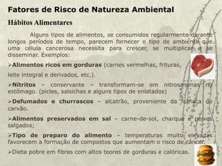 Fatores de Risco de Natureza Ambiental
Hábitos Alimentares
Alguns tipos de alimentos, se consumidos regularmente durante
longos períodos de tempo, parecem fornecer o tipo de ambiente que
uma célula cancerosa necessita para crescer, se multiplicar e se
disseminar. Exemplos:
Alimentos ricos em gorduras (carnes vermelhas, frituras,
leite integral e derivados, etc.).
Nitritos – conservante – transformam-se em nitrosaminas no
estômago. (picles, salsichas e alguns tipos de enlatados)
Defumados e churrascos – alcatrão, proveniente da fumaça do
carvão.
Alimentos preservados em sal – carne-de-sol, charque e peixes
salgados;
Tipo de preparo do alimento – temperaturas muito elevadas
favorecem a formação de compostos que aumentam o risco de câncer.
Dieta pobre em fibras com altos teores de gorduras e calóricas.
 