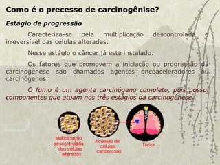 Como é o precesso de carcinogênise?
Caracteriza-se pela multiplicação descontrolada e
irreversível das células alteradas.
Nesse estágio o câncer já está instalado.
Os fatores que promovem a iniciação ou progressão da
carcinogênese são chamados agentes oncoaceleradores ou
carcinógenos.
O fumo é um agente carcinógeno completo, pois possui
componentes que atuam nos três estágios da carcinogênese.
Estágio de progressão
 