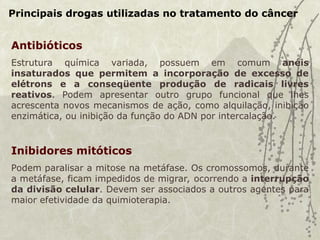 Principais drogas utilizadas no tratamento do câncer
Antibióticos
Estrutura química variada, possuem em comum anéis
insaturados que permitem a incorporação de excesso de
elétrons e a conseqüente produção de radicais livres
reativos. Podem apresentar outro grupo funcional que lhes
acrescenta novos mecanismos de ação, como alquilação, inibição
enzimática, ou inibição da função do ADN por intercalação.
Inibidores mitóticos
Podem paralisar a mitose na metáfase. Os cromossomos, durante
a metáfase, ficam impedidos de migrar, ocorrendo a interrupção
da divisão celular. Devem ser associados a outros agentes para
maior efetividade da quimioterapia.
 