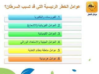 1.‫والبكتيريا‬ ‫الفيروسات‬
2.‫الفيزيائية‬ ‫العوامل‬(‫االشعاع‬)
3.‫الكيميائية‬ ‫العوامل‬
4.‫الوراثي‬ ‫واالستعداد‬ ‫الجينية‬ ‫العوامل‬
5.‫التغذية‬ ‫بنظام‬ ‫متعلقة‬ ‫عوامل‬
6.‫هرمونية‬ ‫عوامل‬
 