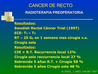 CANCER DE RECTO RADIOTERAPIA PREOPERATORIA N. ENGL. J. MED. 336:987 1997 Resultados: Swedish Rectal Cáncer Trial (1997) ECE- T 1  – T 3 RT – 25 G y  en 1 semana mas cirugia v.s.  Cirugía sola Resultados: CIR + R.T. Recurrencia local 12% Cirugía sola reccurrencia local 27 % Sobrevida 5 años R.T. + Cirugía 58 % Sobrevida 5 años Cirugía sola 48 % 