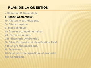 PLAN DE LA QUESTION
I- Définition & Généralités.
II- Rappel Anatomique.
III- Anatomie pathologique.
IV- Etiopathogénie.
V- Etude clinique.
VI- Examens complémentaires.
VII- Formes cliniques.
VIII- diagnostic Différentiel.
IX- Bilan d’extension et classification TNM.
X-Bilan pré-thérapeutique.
XI- Traitement.
XII- Suivi post-thérapeutique et pronostic.
XIII- Conclusion.
 