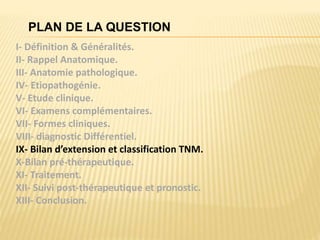 PLAN DE LA QUESTION
I- Définition & Généralités.
II- Rappel Anatomique.
III- Anatomie pathologique.
IV- Etiopathogénie.
V- Etude clinique.
VI- Examens complémentaires.
VII- Formes cliniques.
VIII- diagnostic Différentiel.
IX- Bilan d’extension et classification TNM.
X-Bilan pré-thérapeutique.
XI- Traitement.
XII- Suivi post-thérapeutique et pronostic.
XIII- Conclusion.
 