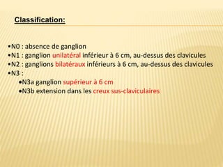 •N0 : absence de ganglion
•N1 : ganglion unilatéral inférieur à 6 cm, au-dessus des clavicules
•N2 : ganglions bilatéraux inférieurs à 6 cm, au-dessus des clavicules
•N3 :
N3a ganglion supérieur à 6 cm
N3b extension dans les creux sus-claviculaires
Classification:
 