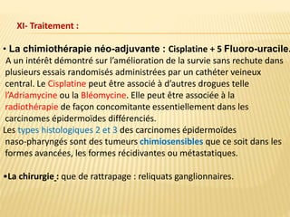 • La chimiothérapie néo-adjuvante : Cisplatine + 5 Fluoro-uracile.
A un intérêt démontré sur l’amélioration de la survie sans rechute dans
plusieurs essais randomisés administrées par un cathéter veineux
central. Le Cisplatine peut être associé à d’autres drogues telle
l’Adriamycine ou la Bléomycine. Elle peut être associée à la
radiothérapie de façon concomitante essentiellement dans les
carcinomes épidermoïdes différenciés.
Les types histologiques 2 et 3 des carcinomes épidermoïdes
naso-pharyngés sont des tumeurs chimiosensibles que ce soit dans les
formes avancées, les formes récidivantes ou métastatiques.
•La chirurgie : que de rattrapage : reliquats ganglionnaires.
XI- Traitement :
 