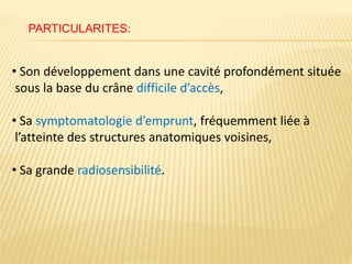 • Son développement dans une cavité profondément située
sous la base du crâne difficile d’accès,
• Sa symptomatologie d’emprunt, fréquemment liée à
l’atteinte des structures anatomiques voisines,
• Sa grande radiosensibilité.
PARTICULARITES:
 