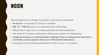NCCN
Recomendaciones de imagen por estadio y para plan de tratamiento
• Rx tórax si anomalía TC tórax sin contraste.
• RM, TC Y PET/CT para ver la extensión de la enfermedad
• RM pélvica origen tumor y evaluar extensión de enfermedad local.
• Alto grado TC torácica abdominal y pélvica para evaluar enf. Metastasica
• Imágenes basarse en sintomatología, hallazgos físicos, hallazgos de laboratorio
anormales y preocupación clínica por enfermedad metastasica.
• Pacientes con enfermedad extrauterina CA-125 en suero  monitoreo.
 