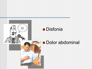  Disfonia
 Dolor abdominal
 