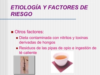 ETIOLOGÍA Y FACTORES DE
RIESGO
 Otros factores:
 Dieta contaminada con nitritos y toxinas
derivadas de hongos
 Residuos de las pipas de opio e ingestión de
té caliente
 