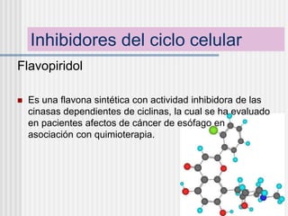 Inhibidores del ciclo celular
Flavopiridol
 Es una flavona sintética con actividad inhibidora de las
cinasas dependientes de ciclinas, la cual se ha evaluado
en pacientes afectos de cáncer de esófago en
asociación con quimioterapia.
 