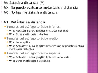  Metástasis a distancia (M) 
 MX: No puede evaluarse metástasis a distancia 
 M0: No hay metástasis a distancia 
 M1: Metástasis a distancia 
Tumores del esófago torácico inferior: 
 M1a: Metástasis a los ganglios linfáticos celiacos 
 M1b: Otras metástasis distantes 
Tumores del esófago torácico medio: 
 M1a: No se aplica 
 M1b: Metástasis a los ganglios linfáticos no regionales u otras 
metástasis distantes 
Tumores del esófago torácico superior: 
 M1a: Metástasis a los ganglios linfáticos cervicales 
 M1b: Otras metástasis a distancia 
 