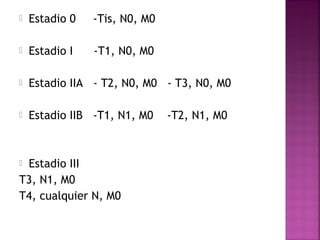  Estadio 0 -Tis, N0, M0 
 Estadio I -T1, N0, M0 
 Estadio IIA - T2, N0, M0 - T3, N0, M0 
 Estadio IIB -T1, N1, M0 -T2, N1, M0 
 Estadio III 
T3, N1, M0 
T4, cualquier N, M0 
 