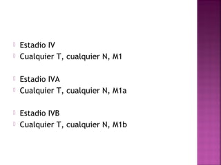  Estadio IV 
 Cualquier T, cualquier N, M1 
 Estadio IVA 
 Cualquier T, cualquier N, M1a 
 Estadio IVB 
 Cualquier T, cualquier N, M1b 
 