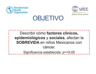 OBJETIVO
Describir cómo factores clínicos,
epidemiológicos y sociales, afectan la
SOBREVIDA en niños Mexicanos con
cáncer.
Significancia establecida: p=<0.05
 