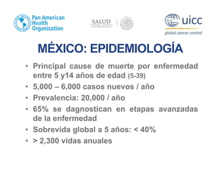 MÉXICO: EPIDEMIOLOGÍA
• Principal cause de muerte por enfermedad
entre 5 y14 años de edad (5-39)
• 5,000 – 6,000 casos nuevos / año
• Prevalencia: 20,000 / año
• 65% se dagnostican en etapas avanzadas
de la enfermedad
• Sobrevida global a 5 años: < 40%
• > 2,300 vidas anuales
 