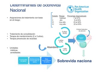 Determinantes de Sobrevida
Nacional
• Asignaciones de tratamiento con base
en el riesgo:
• Tratamiento de consolidación
• Terapia de mantenimiento (2 a 3 años).
• Terapia prevención de recaídas
• Unidades
médicas
acreditadas
Estadio Riesgo Porcentaje diagnosticado
I habitual 7 al 31%
II alto 9 al 24%
III muy alto 23 al 48%
IV muy alto 22 al 55%
5 años:
16.6%
3 años:
9.7%
1 año:
4.7.%
Locales
16.2%
Foráneos
19.0%
Sobrevida nacional: 5
Funcionales
15 (28%)
Medianamente
funcionales 27
(50%)
Baja
funcionalidad
15 (22%)
Abandono
Abandono
Entidad federativa
de atención
 