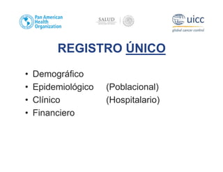 REGISTRO ÚNICO
• Demográfico
• Epidemiológico (Poblacional)
• Clínico (Hospitalario)
• Financiero
 