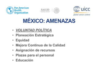 MÉXICO: AMENAZAS
• VOLUNTAD POLÍTICA
• Planeación Estratégica
• Equidad
• Mejora Continua de la Calidad
• Asignación de recursos
• Plazas para el personal
• Educación
 