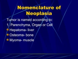 Nomenclature of Neoplasia Tumor is named according to: 1. Parenchyma, Organ or Cell Hepatoma- liver Osteoma- bone Myoma- muscle 