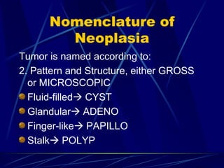 Nomenclature of Neoplasia Tumor is named according to: 2. Pattern and Structure, either GROSS or MICROSCOPIC Fluid-filled   CYST Glandular   ADENO Finger-like   PAPILLO Stalk   POLYP 