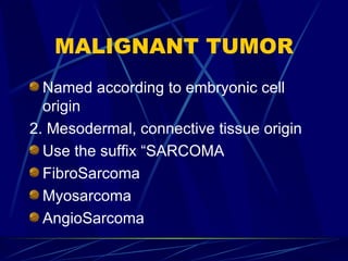 MALIGNANT TUMOR Named according to embryonic cell origin 2. Mesodermal, connective tissue origin Use the suffix “SARCOMA FibroSarcoma Myosarcoma AngioSarcoma 