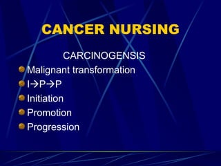 CANCER NURSING CARCINOGENSIS Malignant transformation I  P  P Initiation Promotion Progression 