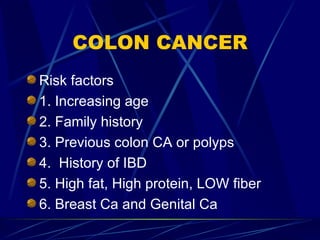 COLON CANCER Risk factors 1. Increasing age 2. Family history 3. Previous colon CA or polyps 4.  History of IBD 5. High fat, High protein, LOW fiber 6. Breast Ca and Genital Ca 