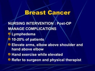 Breast Cancer NURSING INTERVENTION : Post-OP MANAGE COMPLICATIONS Lymphedema 10-20% of patients Elevate arms, elbow above shoulder and hand above elbow Hand exercise while elevated Refer to surgeon and physical therapist 
