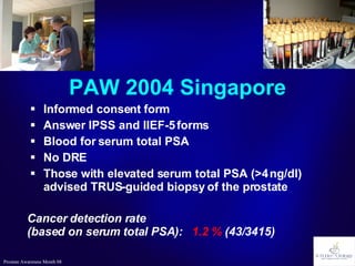 PAW 2004 Singapore Informed consent form  Answer IPSS and IIEF-5 forms Blood for serum total PSA  No DRE  Those with elevated serum total PSA (>4 ng/dl) advised TRUS-guided biopsy of the prostate Cancer detection rate  (based on serum total PSA):  1.2 %  (43/3415) 