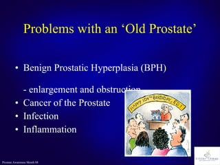 Problems with an ‘Old Prostate’ Benign Prostatic Hyperplasia (BPH)  - enlargement and obstruction Cancer of the Prostate Infection Inflammation 